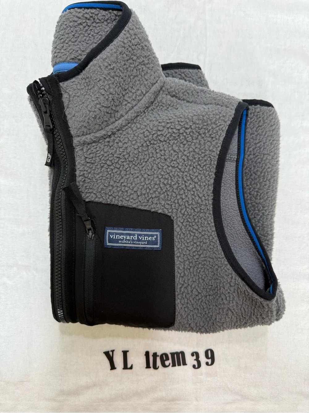 Vineyard Vines Gray Sherpa Fleece Vest with Black Pocket Trim